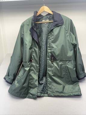Vintage Outbrook Rain Jacket Coat Large Green Blue Full Zip Cinch Waist